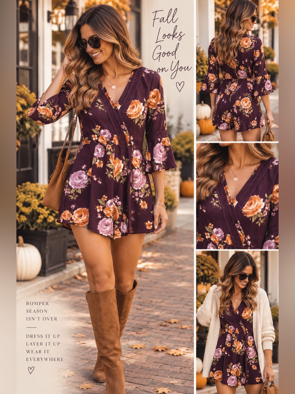 Blu Pepper Plum Floral Wrap Romper with Orange & Lavender Blooms
